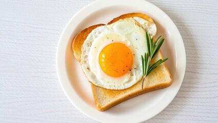 A perfectly fried egg with a bright yellow yolk served on a slice of toasted bread, garnished with fresh rosemary, presented on a white plate against a clean background