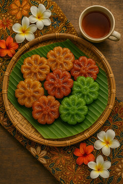 Top View of Traditional Indonesian Fried Cake &ndash; Kue Cucur on Rattan Tray