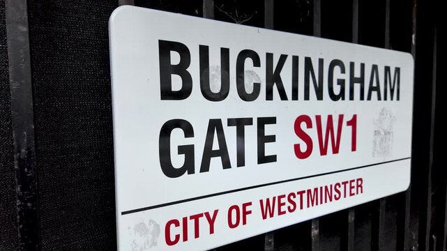 Buckingham Gate street sign indicates the City of Westminster, SW1 area in London, UK