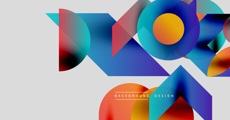 Abstract geometric shapes overlap, creating vibrant color gradients. Modern design elements suggest dynamic composition. Background features smooth transitions.