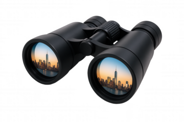 Binoculars Focusing on a Vibrant Cityscape at Sunset, Symbolizing Vision, Opportunity, and Future Prospects