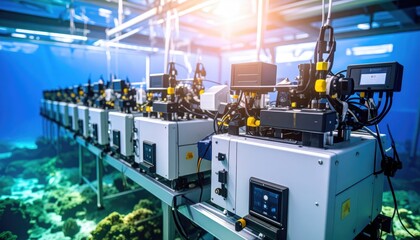 Underwater laboratory equipment monitoring coral reef. High tech devices in a marine environment.
