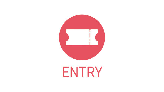 A graphic illustration of a white ticket icon inside a red circle above the word entry in red font