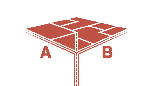 Illustration of a red geometric shape with a tree trunk like base labeled a and b on a white background