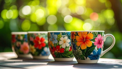 Brightly colored coffee mugs with a vibrant tropical floral pattern sit on a wooden surface outdoors with a sunlit garden background.
