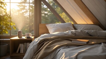 Cozy attic bedroom interior design with morning sunlight and aromatherapy diffuser for relaxation sleep wellness