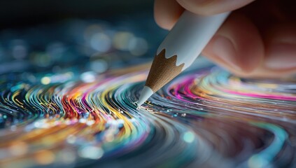 Hand draws on digital tablet with colorful abstract lines