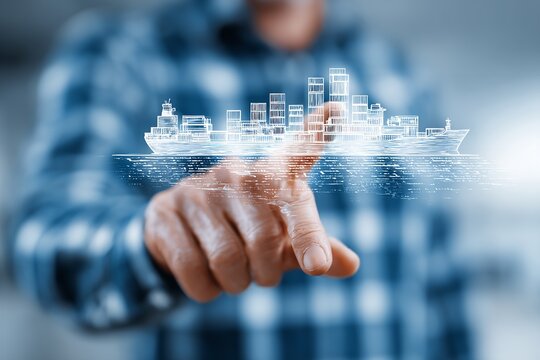 Digital technology enhances maritime logistics with virtual ship models in a modern workspace