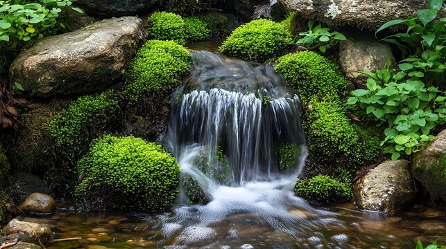 A small waterfall cascading over mossy rocks