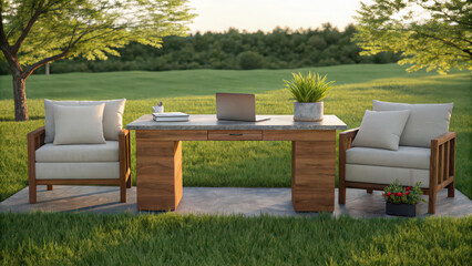 Outdoor office setup backyard desk and chairs for remote work in nature and green grass landscape