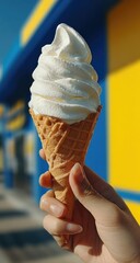 Hand holding a waffle cone filled with a creamy, fluffy scoop of ice cream