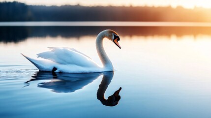 Fototapeta premium Graceful Swan Gliding Across Serene Lake at Dawn with Reflection