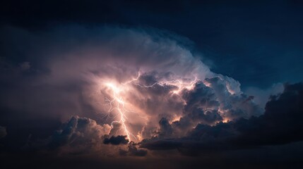 A stormy sky with a lightning bolt in the middle. The sky is dark and ominous, with the lightning bolt creating a sense of danger and excitement