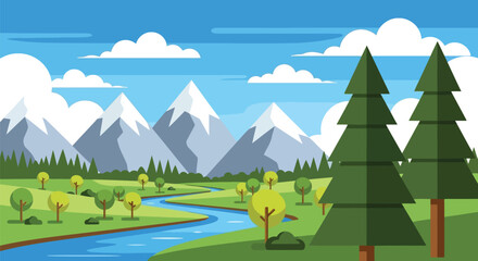 Vector art of vector illustration of a serene mountain landscape with a winding river flowing through a lush green valley under a clear blue sky with fluffy white clouds
