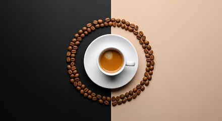 White Coffee Cup with Coffee Beans on Black and Beige Split Background