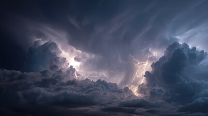 The sky is dark and cloudy with lightning bolts. Scene is ominous and foreboding