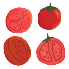 Fresh Red Tomatoes with Green Leaves Illustration. Clipart set red tomato cartoon isolated on white background. Tomato Slices and Whole Tomatoes Illustration. 