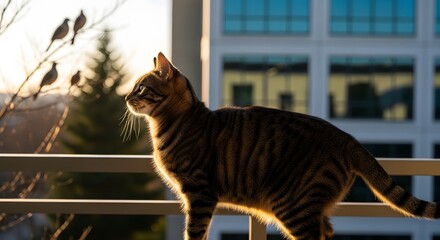 Obraz premium Cat standing on a balcony in sunlight with blurred background