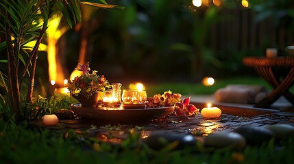 A tranquil garden scene at night, lit by candles and glowing flowers