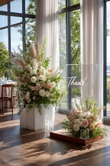 Fototapeta premium Elegant floral arrangements by a large window