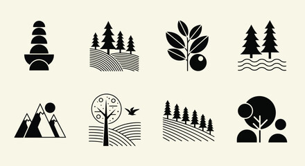 Vector art of vector illustration of a collection of minimalist landscape icons featuring trees mountains and other natural elements for graphic design projects