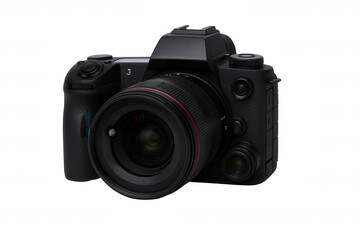 Fototapeta premium Professional Black Digital Camera with Interchangeable Lens, Capturing Modern Photography and Videography Excellence