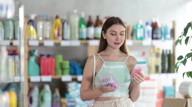 European woman chooses sets of razors for hair removal in the summer season. Customer looks at hair shaving kits, she chooses a razor for a smooth and soft shave. High quality 4k footage