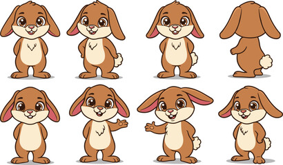 Cute cartoon bunny character in multiple poses, front, side, back, waving hands, smiling face, children animal mascot, flat vector illustration