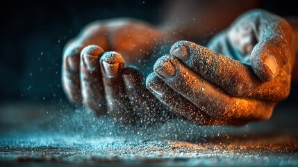 Obraz premium Close up of hands covered in dust, with particles suspended in air. Dark background, dramatic lighting.