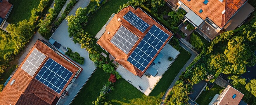 Aerial view of a suburban house, smart home powered by photovoltaic solar cells