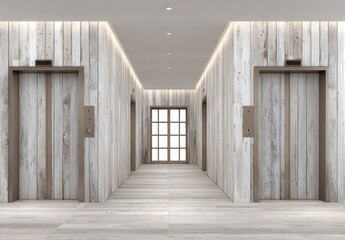 Fototapeta premium Modern, light-filled hallway with wooden elevator doors