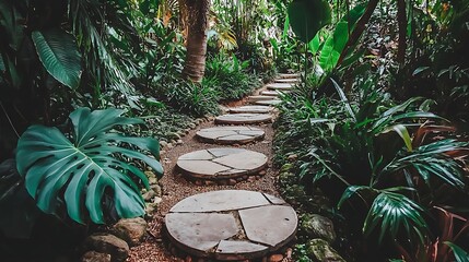 A winding stone path through a lush tropical garden