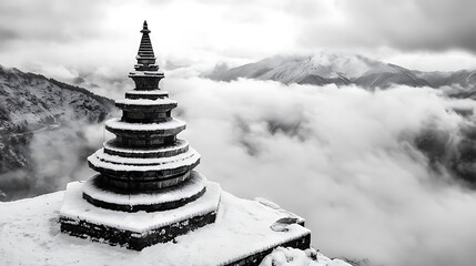 Serene stupa stands majestically in Himalayas, surrounded by clouds and snow, evoking sense of tranquility and spirituality