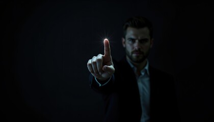 Dramatic Pose with Finger Pointing Against Dark Background