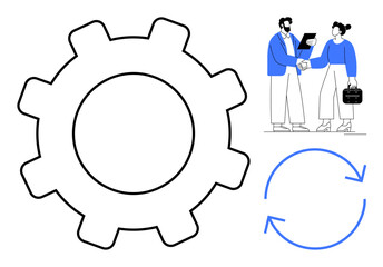Gear symbolizing processes, two professionals shaking hands for collaboration, circular arrows for ongoing workflow. Ideal for teamwork, partnership, efficiency, innovation, project management