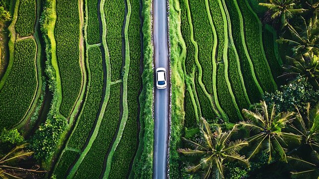 Aerial view of a road winding through lush terraced rice paddies with a white car - Powered by Adobe
