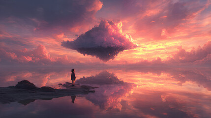 Naklejka premium A Woman Gazes at a Floating Island Amidst Clouds During a Vibrant Sunset