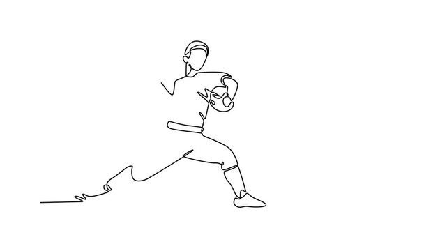 Animated self drawing of continuous line draw baseball man athlete focus on competition, practice, match or pitcher training workout. Fit softball player doing exercise. Full length one line animation
