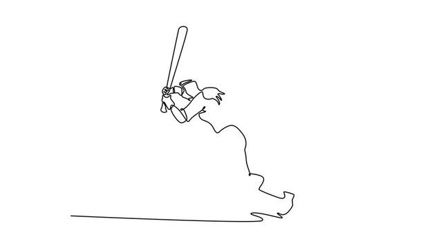 Animated self drawing continuous line draw beauty female baseball player holding bat with strong arm muscle, waiting for hit the ball on pitch. Athlete ready for match. Full length one line animation