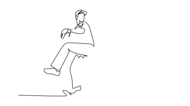 Animated self drawing of continuous line draw active male baseball player throws the ball on green field. Aggressive sportsman playing softball as exercise or fitness. Full length one line animation