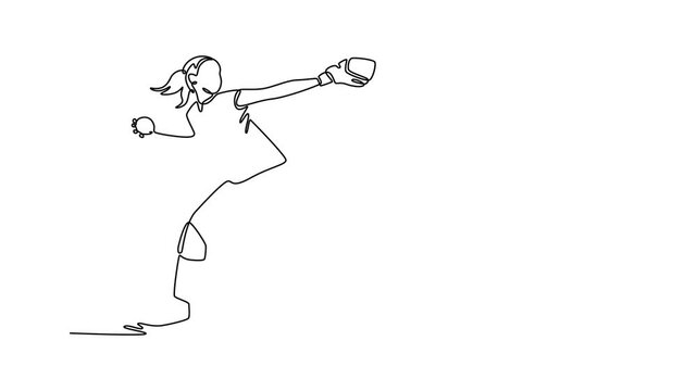 Self drawing animation of single line draw attractive baseball player throws the ball on stadium. Female pitcher in competitive game on sport field for training. Continuous line. Full length animated