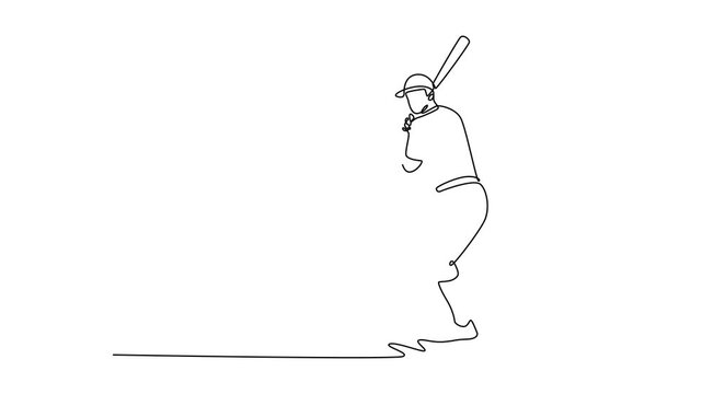 Animated self drawing of continuous line draw baseball male player in action on stadium. Softball batter waiting to strike the ball. Sports, team game, competition. Full length single line animation