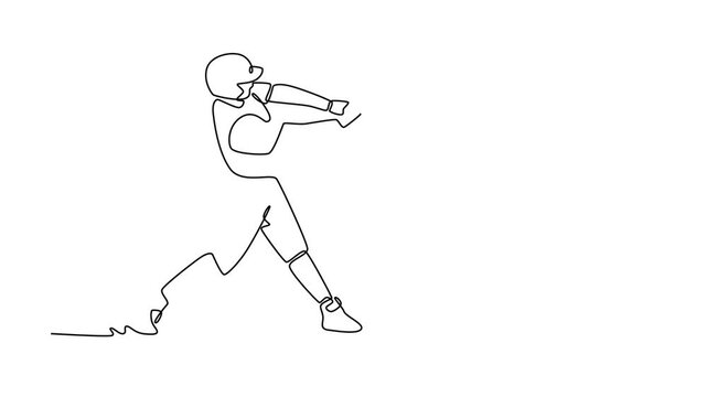 Animated self drawing of continuous line draw baseball male player hit the ball on exercise ground in stadium. Softball athlete swing the bat. USA game for training. Full length single line animation