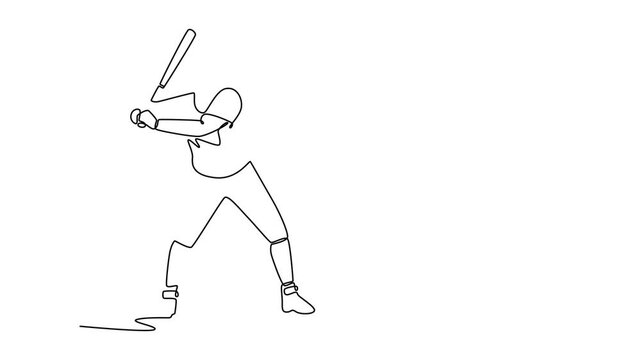 Animated self drawing of continuous line draw male baseball player holding bat with strong arm muscle, waiting for hit the ball on pitch. Athlete ready for practice. Full length single line animation