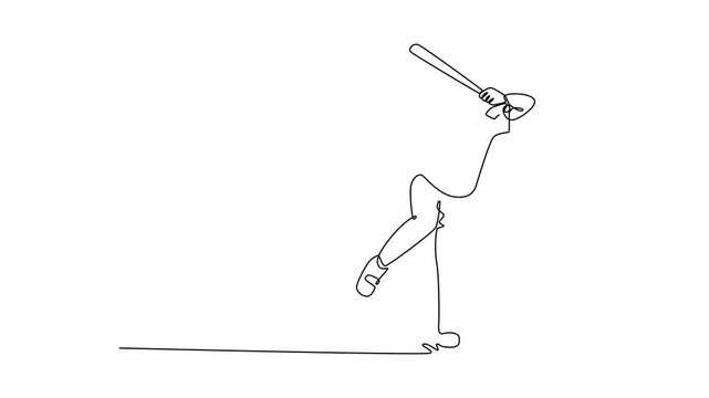 Animated self drawing of continuous line draw fit male baseball batter waiting to strike the ball on field at competition, training on stadium pitch. Softball exercise. Full length one line animation
