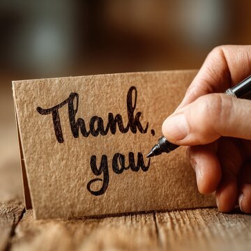 Close up of a hand writing 'Thank You' on a rustic card with a black marker.