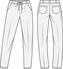 Pants technical drawing, front and back view, flat vector, CAD sketch, fashion design, garment template, apparel illustration, clothing mockup
