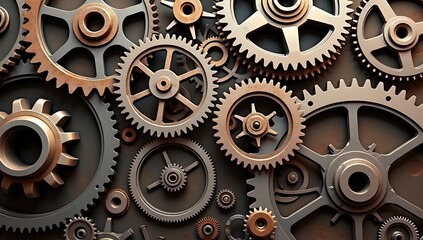 Industrial cogs and gears placed in a spiraling layout, aged with rust and grit—perfect for steampunk or engineering visuals.

