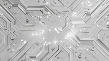 Abstract AI circuit board background. Technology connected white lines with electronics elements on tech bg. Computer motherboard with chip, and semiconductor. Elegant gray digital vector illustration