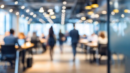 A blurry image of a busy office with people walking around and sitting at desks. Scene is busy and bustling, with people working and collaborating in a shared space